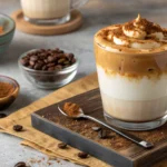 A delicious hot dalgona coffee recipe with whipped foam topping, dusted with coffee powder, placed on a wooden board.