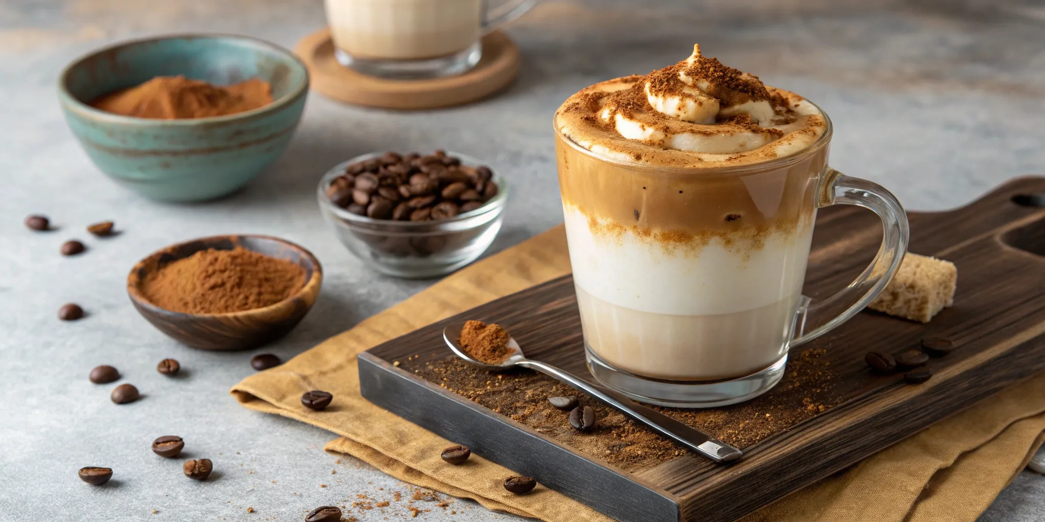 A delicious hot dalgona coffee recipe with whipped foam topping, dusted with coffee powder, placed on a wooden board.