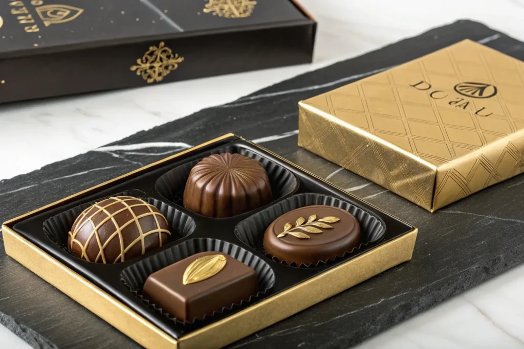 High-angle view of a luxury chocolate box with golden designs and elegant detailing.