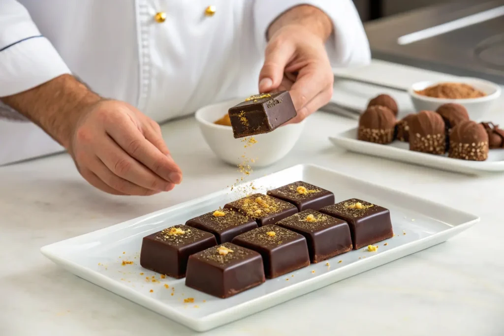 Chef garnishing chocolate squares with golden flakes in a professional kitchen.