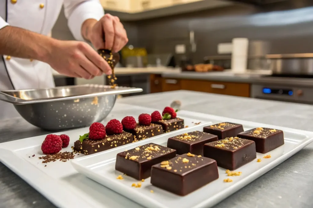 Low-angle view of artisanal chocolates in a luxury golden box with intricate designs.