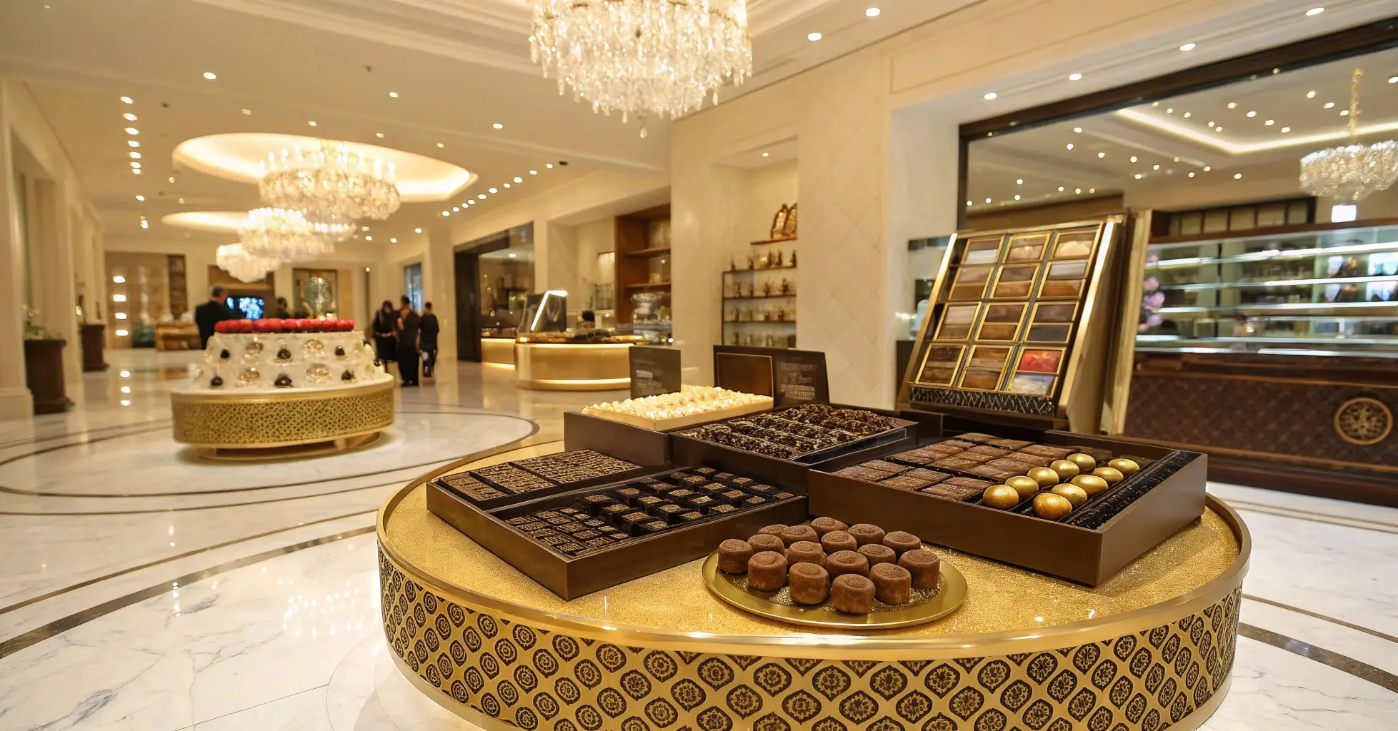 Elegant luxury chocolate display in a Dubai boutique with chandeliers and gold accents.