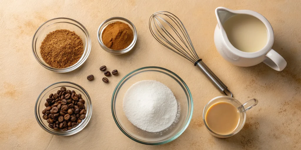 Ingredients for a hot dalgona coffee recipe, including sugar, coffee granules, and coffee beans, arranged with a whisk and a small pitcher of milk.