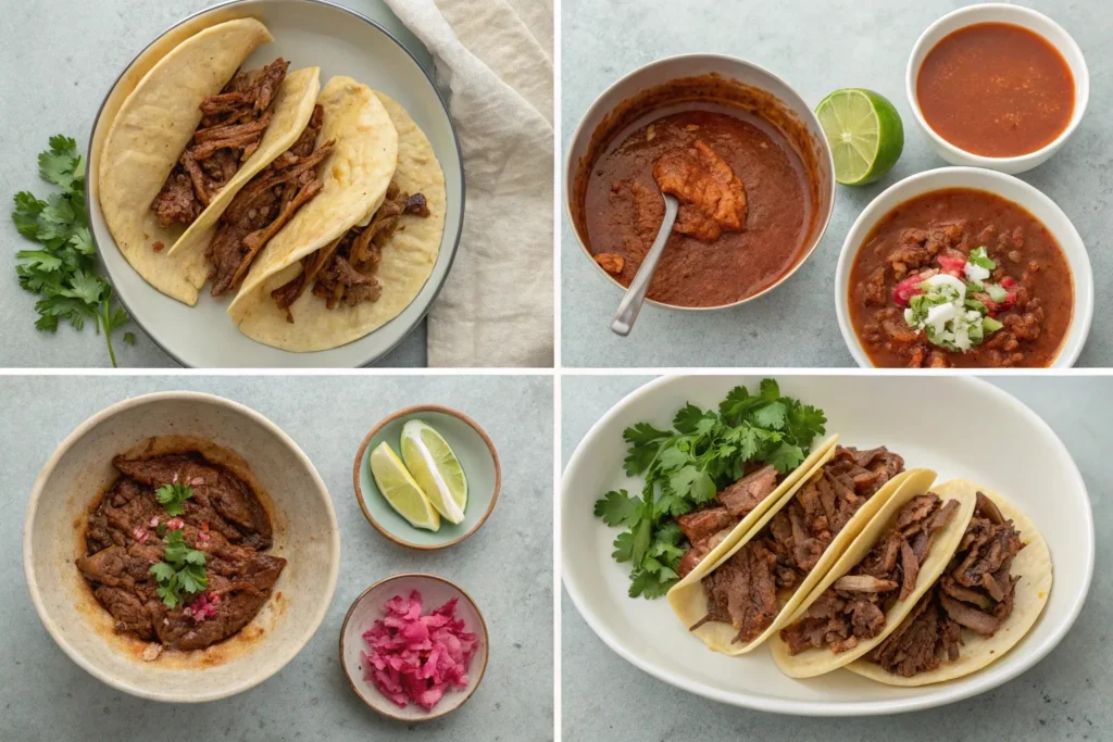 Four-image collage showing the process of making Birria Tacos, including tacos on a plate, a bowl of consommé, garnished shredded beef, and tacos served with cilantro and lime wedges.