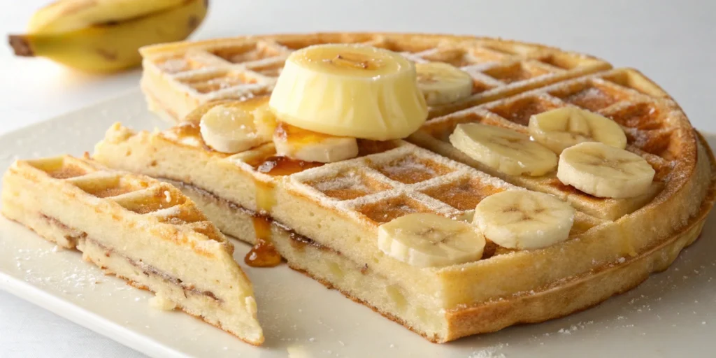 Close-up of a banana waffle from a Banana Waffle Recipe, showing the fluffy interior and melting butter.