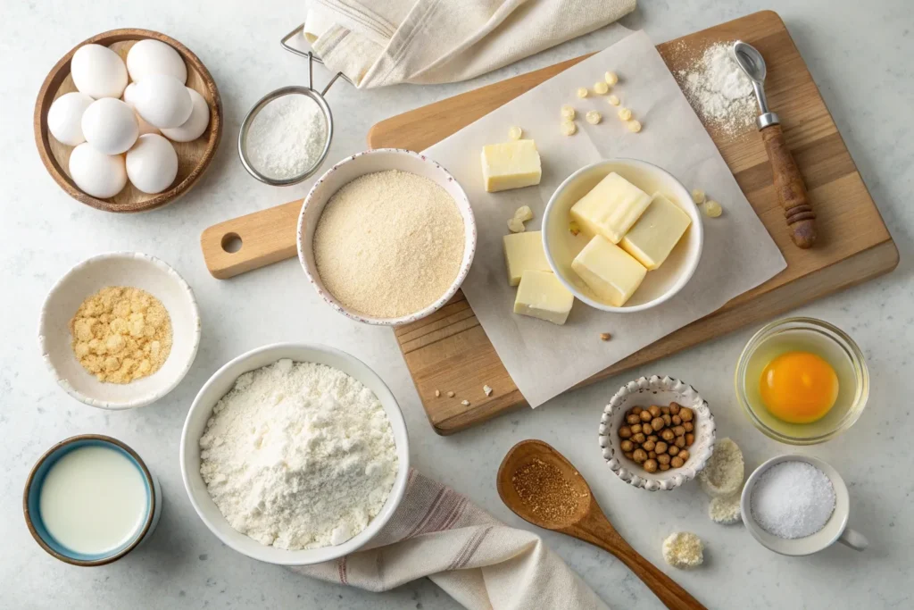 Ingredients for sugar cookie bars recipe, including butter, sugar, flour, eggs, and vanilla, arranged on a countertop.