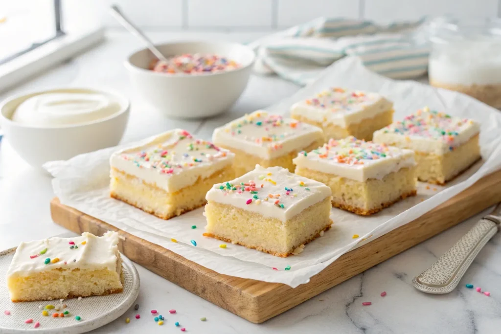 Soft sugar cookie bars topped with creamy frosting and colorful sprinkles, displayed on a wooden board with a side of frosting and sprinkles.