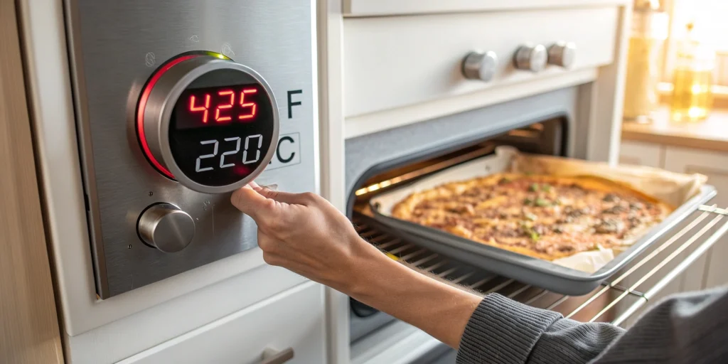 A kitchen oven set to 425°F to begin making the best pizza breakfast.