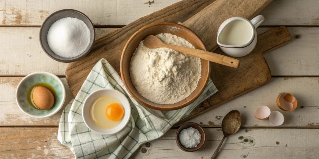 A rustic flat lay of flour, eggs, milk, sugar, and other essential ingredients for a Protein Donut Recipe, neatly arranged on a wooden surface.