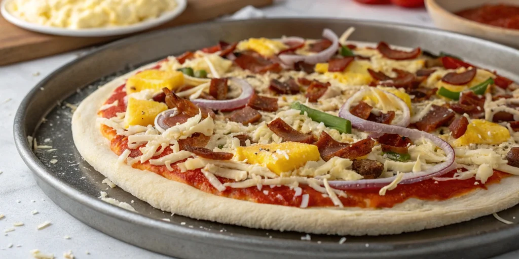 A breakfast pizza baking in an oven at 425°F, cheese melted and crust turning golden.