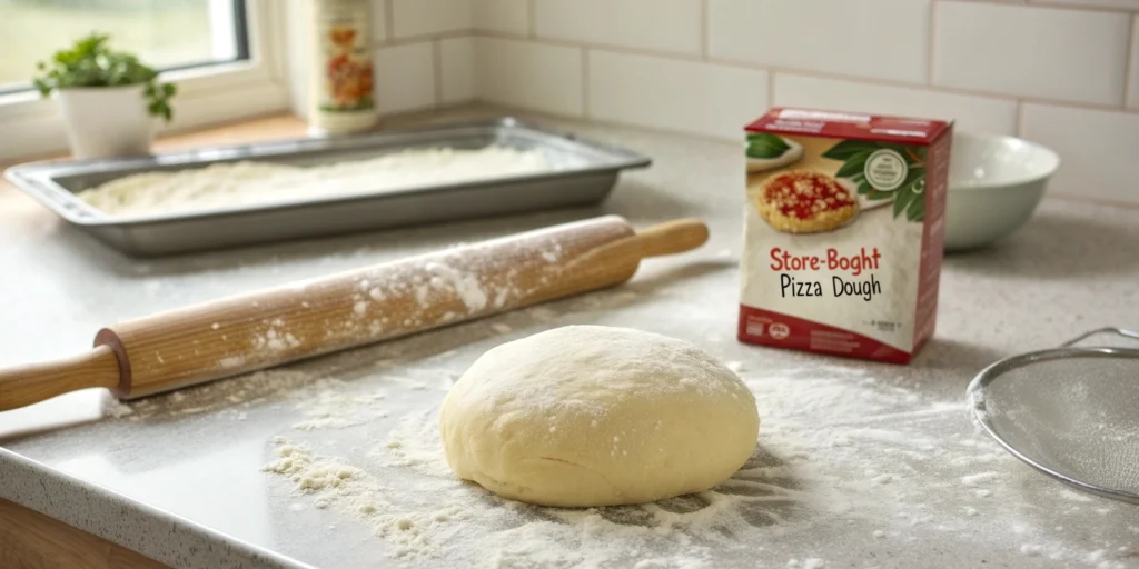 A ball of dough being rolled out on a floured surface for the best pizza breakfast.