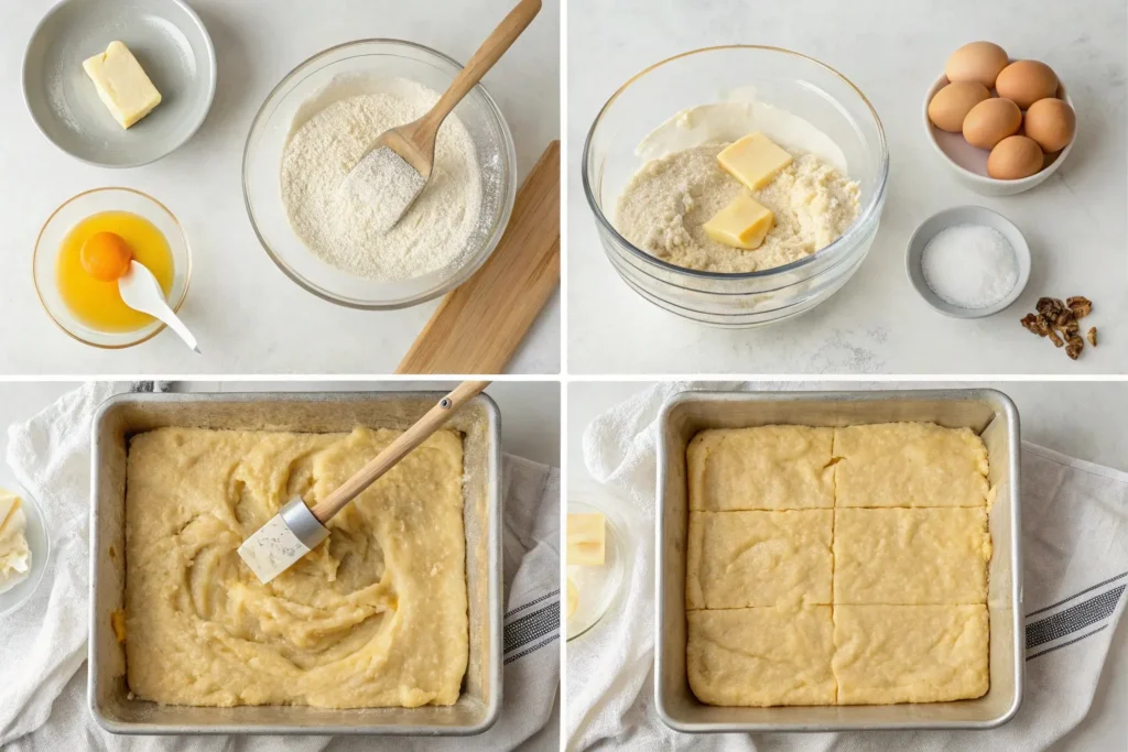 Step-by-step preparation process for sugar cookie bars recipe, showing mixing ingredients, spreading batter, and baking to golden perfection.