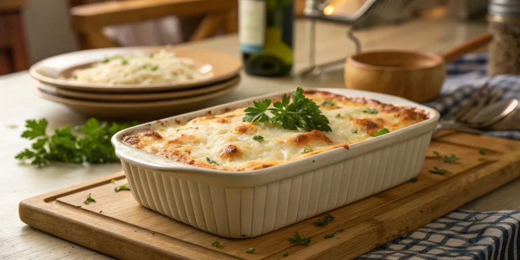 A close-up of vegan baked ziti in a casserole dish, topped with melted dairy-free cheese and fresh basil leaves.