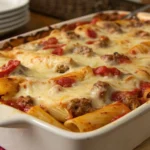 A hearty serving of Vegan Baked Ziti topped with melted dairy-free cheese and fresh basil, in a rustic casserole dish.