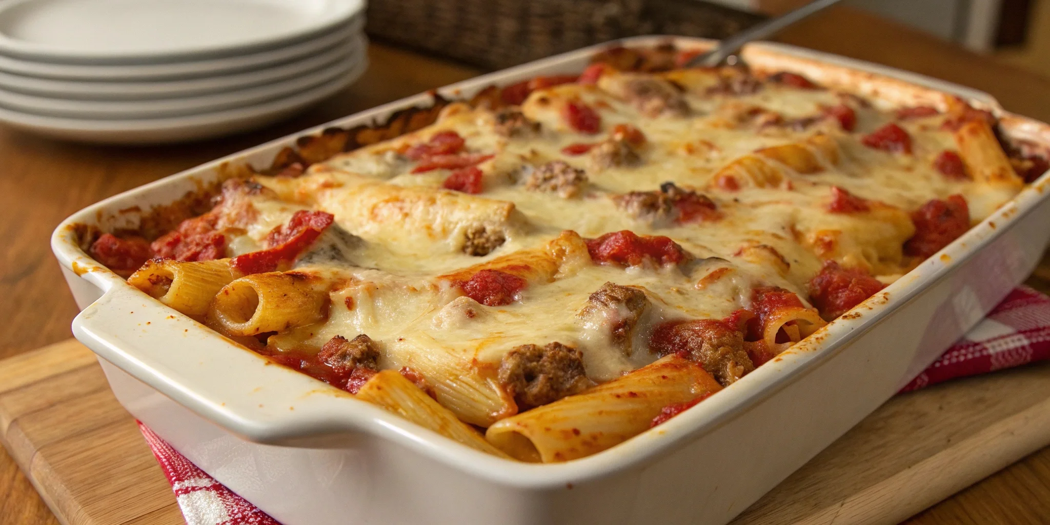 A hearty serving of Vegan Baked Ziti topped with melted dairy-free cheese and fresh basil, in a rustic casserole dish.