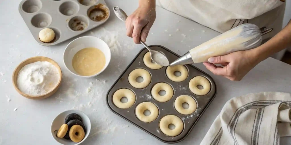 A baker using a piping bag to fill a donut mold with batter, shaping a perfect Protein Donut Recipe.