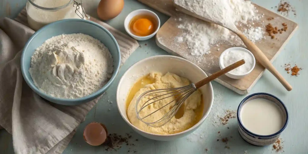 A neatly arranged flat lay of flour, eggs, milk, and sugar—key ingredients for a Protein Donut Recipe.