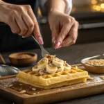 A chef’s hands delicately placing fresh banana slices and brown sugar on a warm banana waffle.