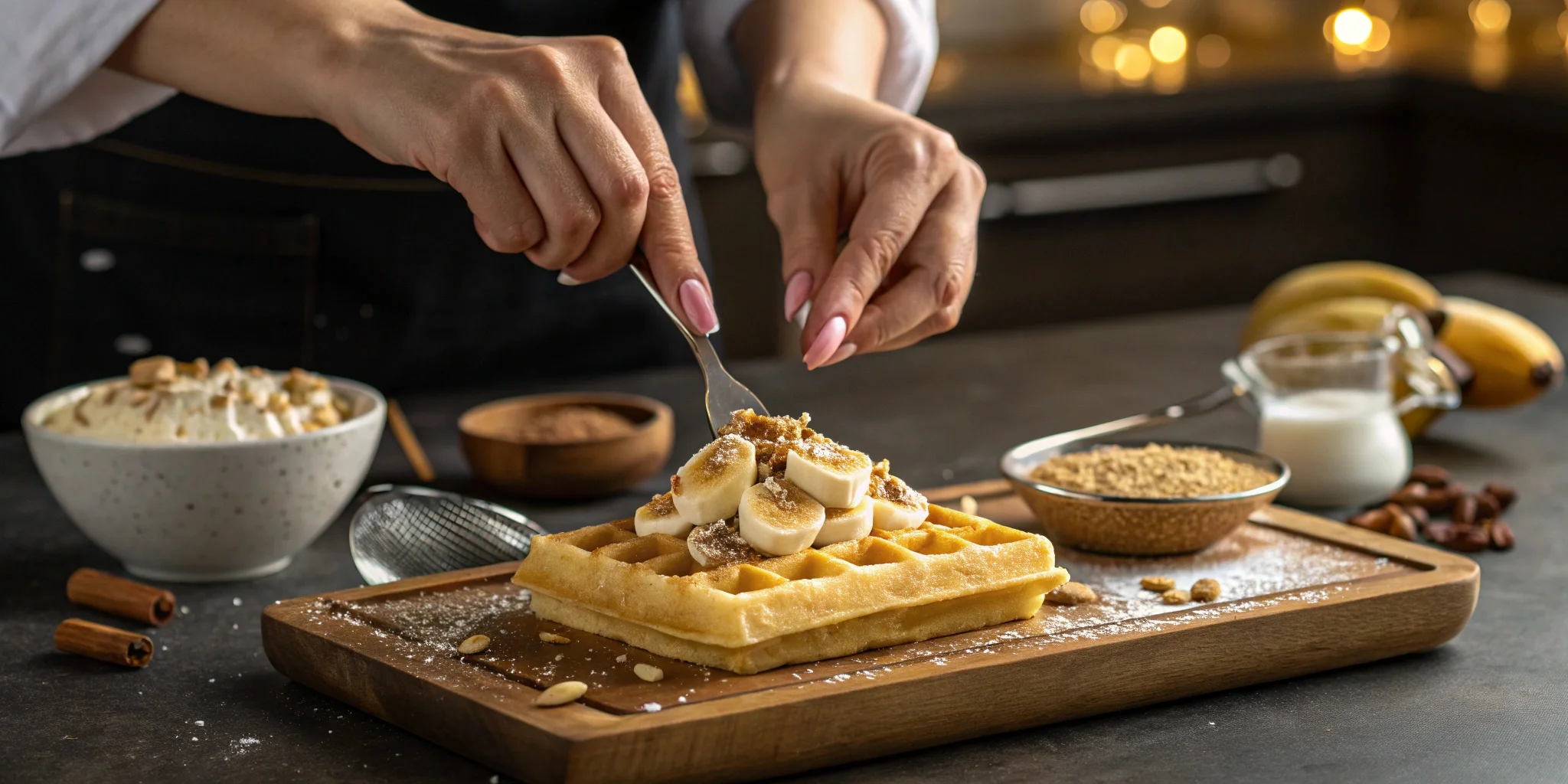 A chef’s hands delicately placing fresh banana slices and brown sugar on a warm banana waffle.