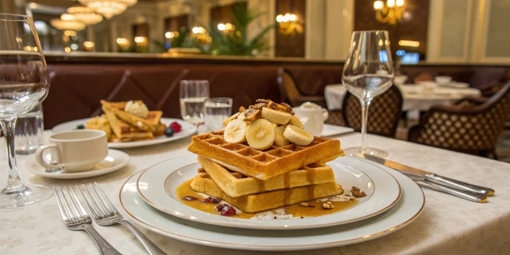 A stack of golden banana waffles topped with fresh banana slices, nuts, and syrup in a luxurious restaurant setting.