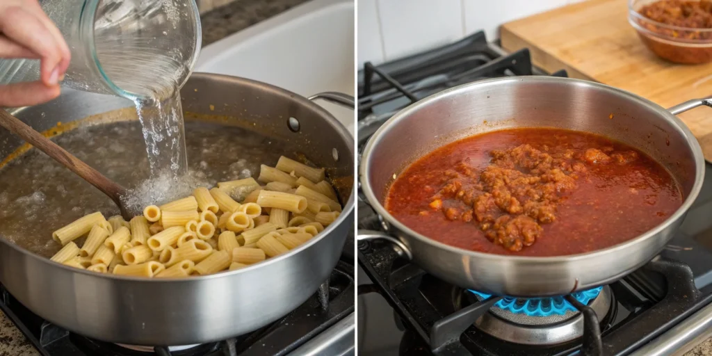 Ingredients for vegan baked ziti: rigatoni pasta being boiled and a simmering tomato-based meat sauce in separate pots.