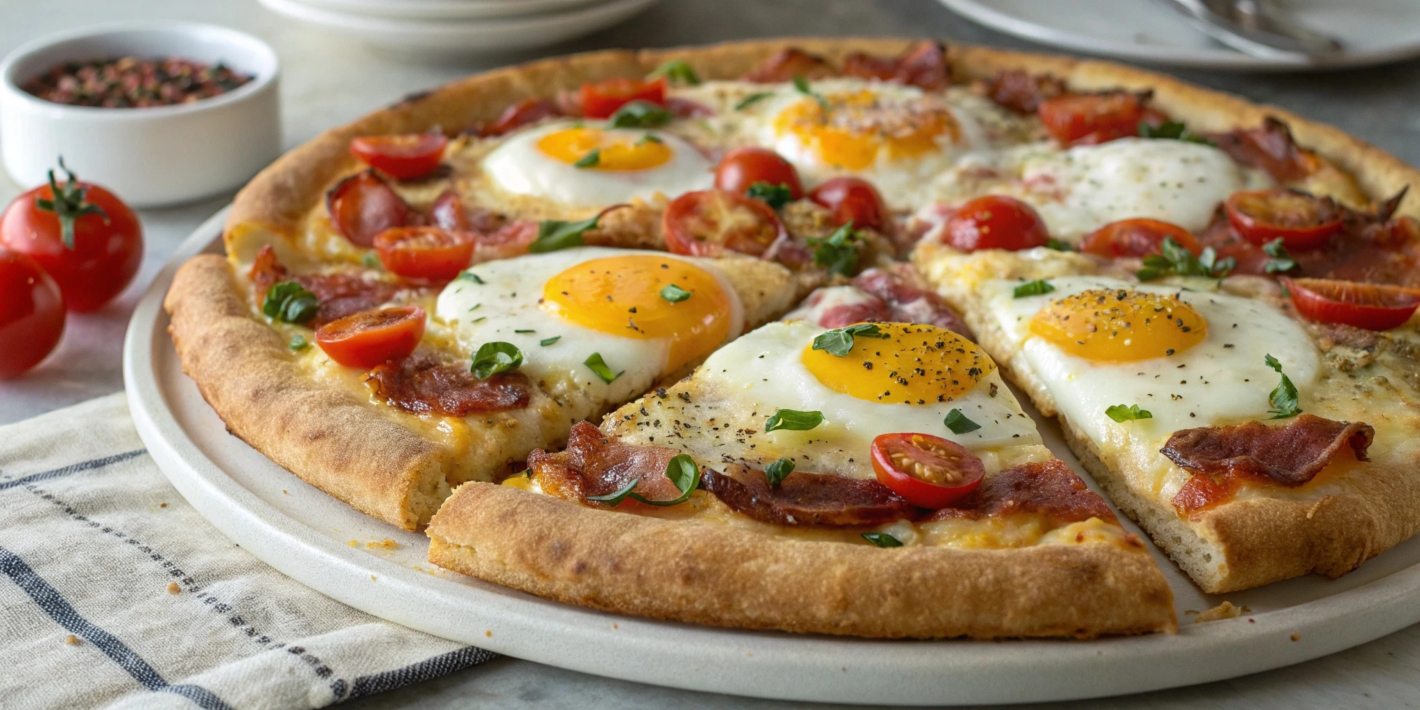 A freshly baked best pizza breakfast topped with sunny-side-up eggs, crispy bacon, and cherry tomatoes.