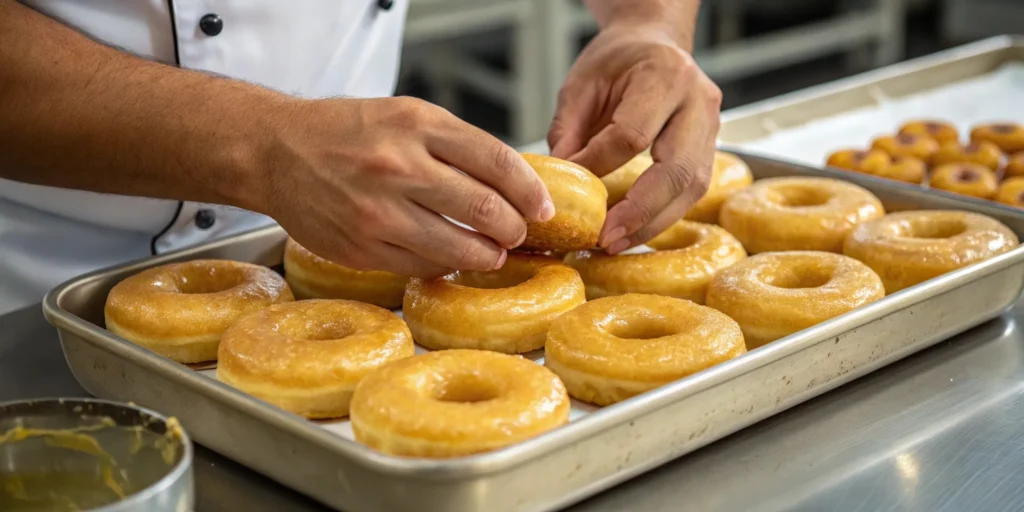 A chef's hands placing freshly glazed donuts on a tray, perfecting a Protein Donut Recipe.