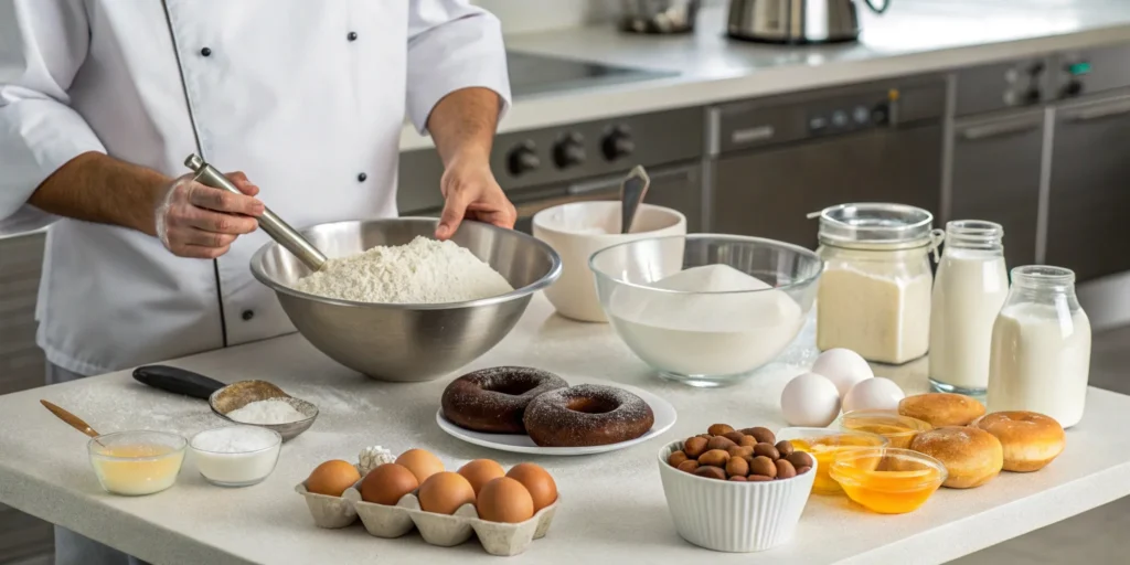  A chef mixing flour, sugar, eggs, and milk in a large bowl to prepare the dough for a Protein Donut Recipe.