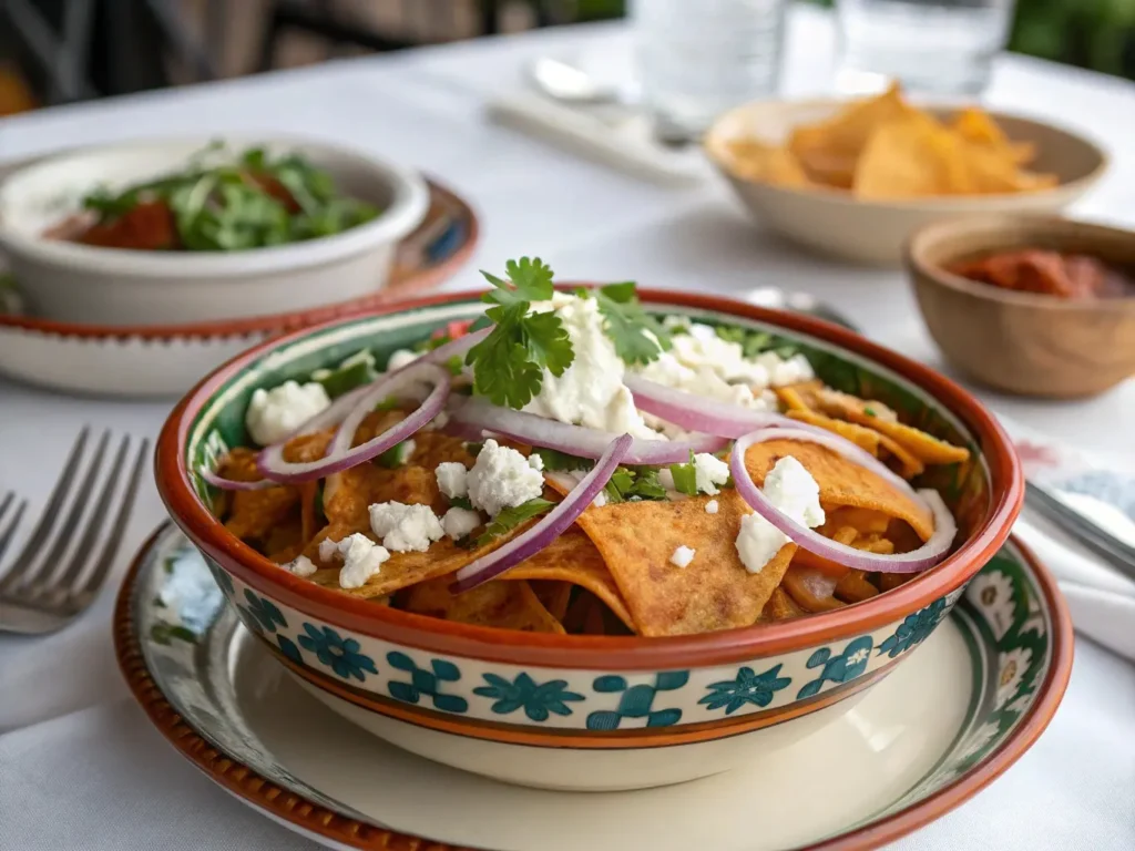 Chilaquiles served at a restaurant table for a classic dining experience.