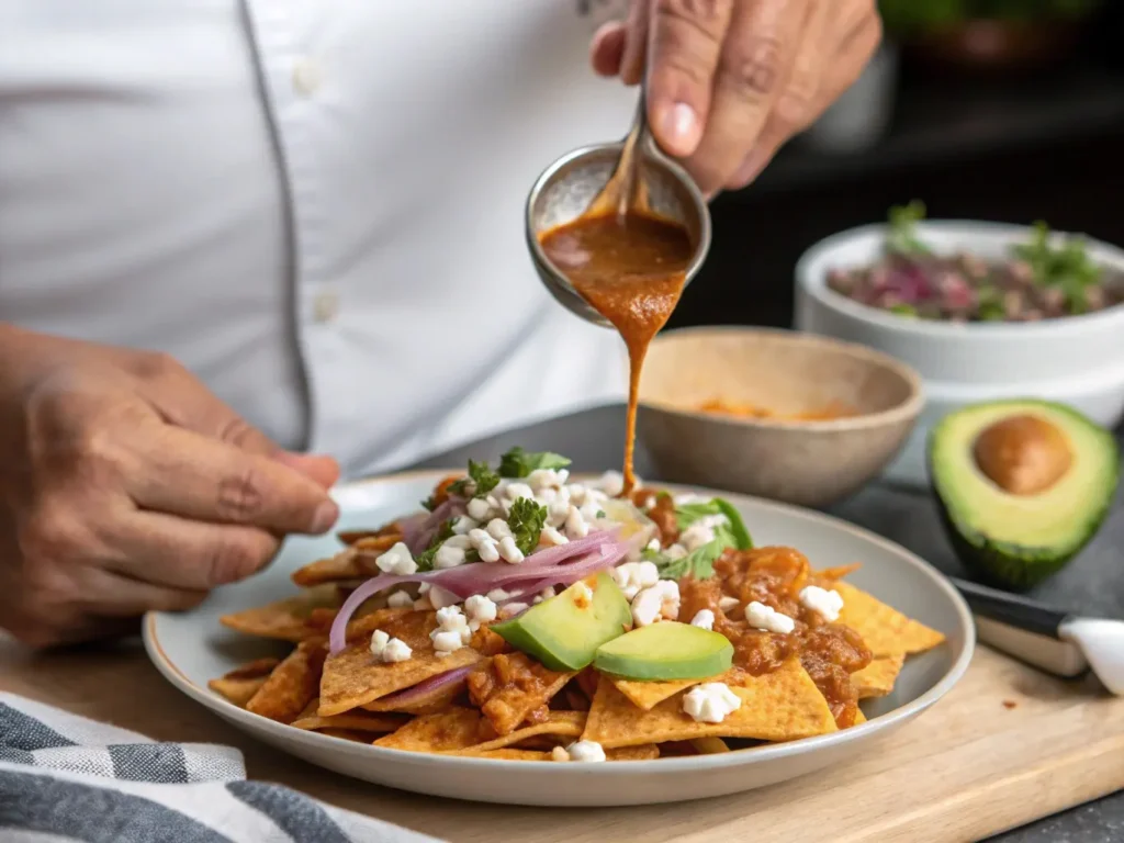 Chef dressing chilaquiles with salsa for an authentic touch