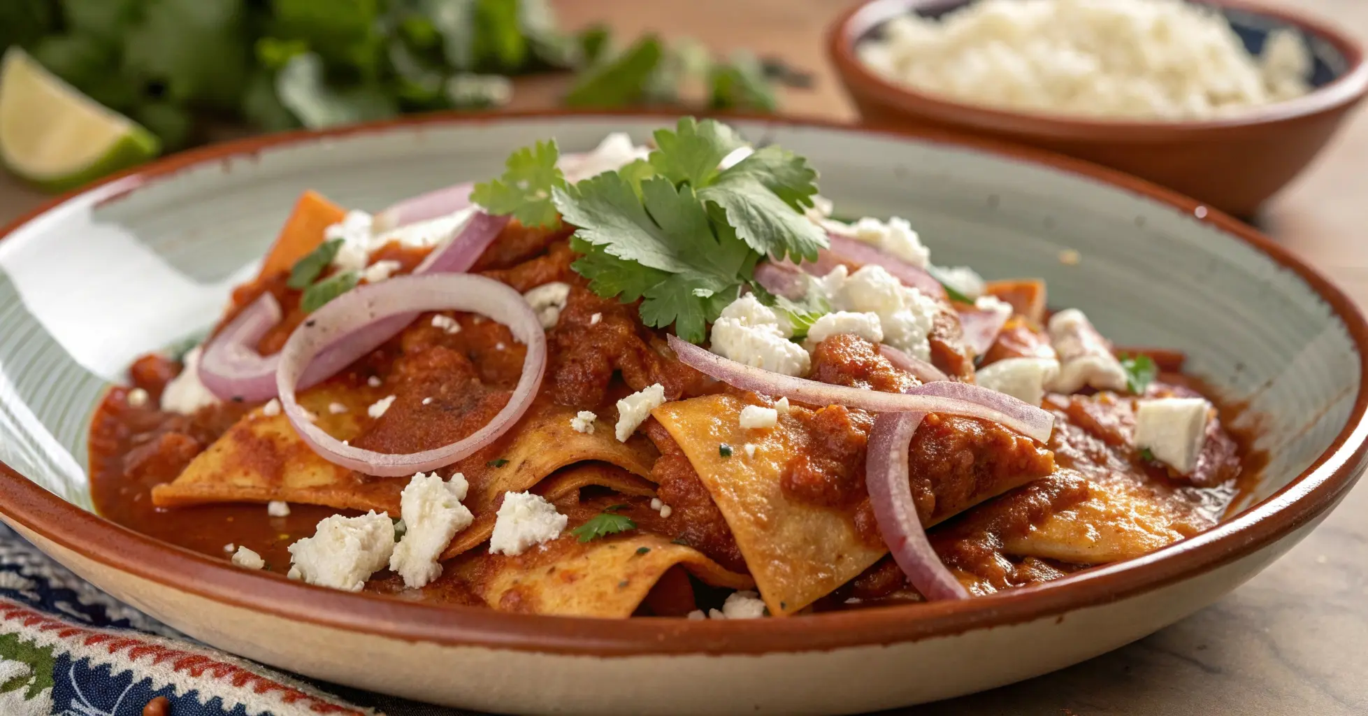 Traditional celebrating chilaquiles with cheese and salsa topping.