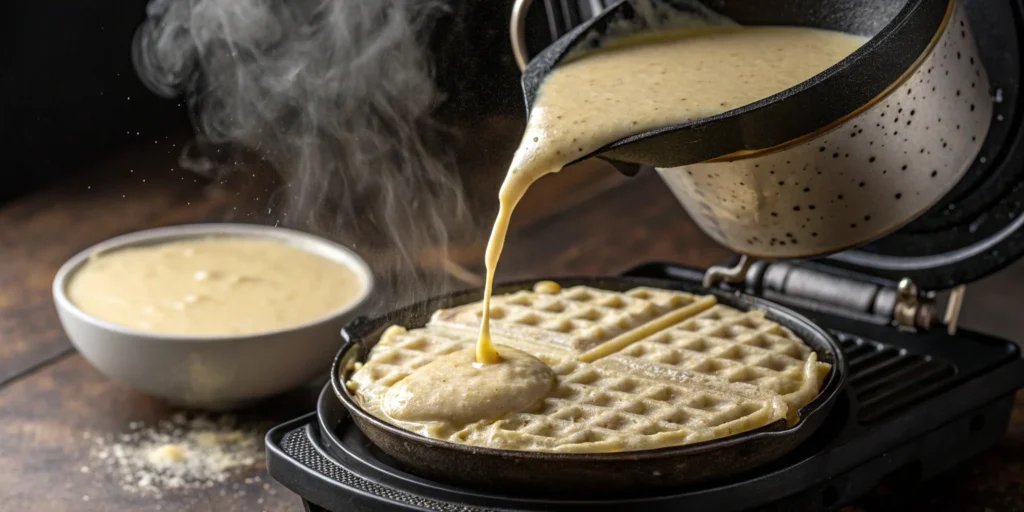 Close-up of banana waffle batter being poured onto a hot waffle iron for a Banana Waffle Recipe.