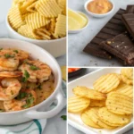 A delicious selection of Fancy Valentine's Day Recipes, including garlic butter shrimp, homemade potato chips, chocolate bars, and crispy fish fillet—perfect for a romantic dinner.