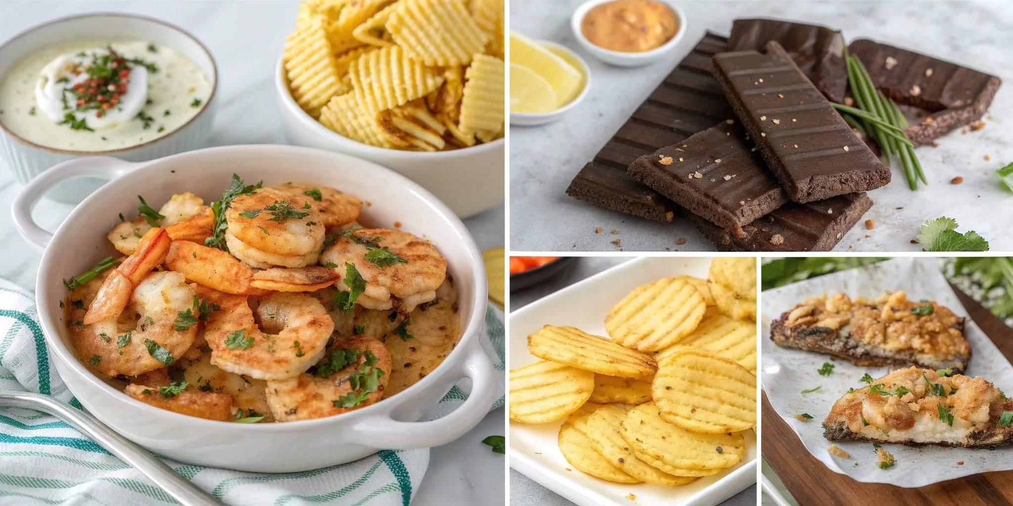 A delicious selection of Fancy Valentine's Day Recipes, including garlic butter shrimp, homemade potato chips, chocolate bars, and crispy fish fillet—perfect for a romantic dinner.