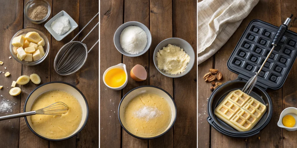 A collage of three images showing banana waffle preparation: mixing ingredients, whisking the batter, and using a waffle iron.