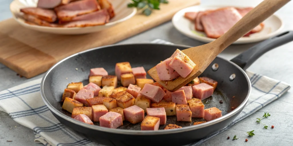 Sausage and bacon in separate skillets being cooked for the best pizza breakfast.