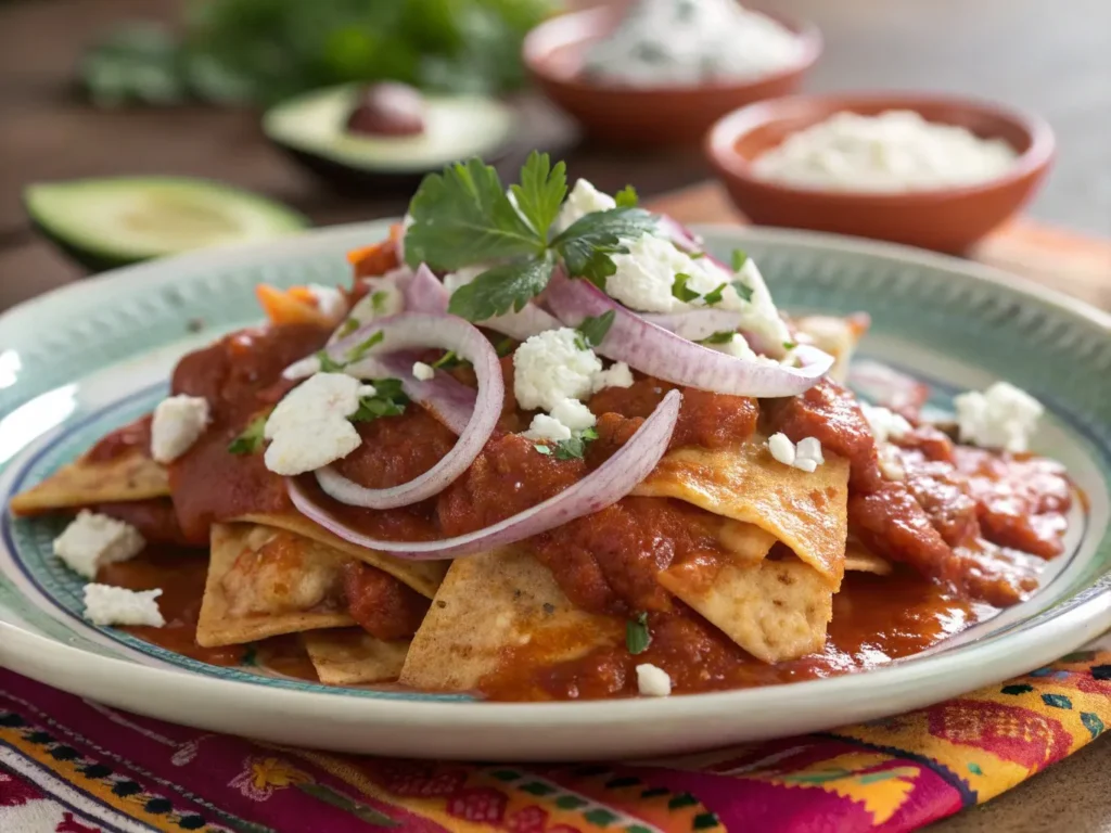  Plated chilaquiles garnished with cheese, onions, and cilantro.