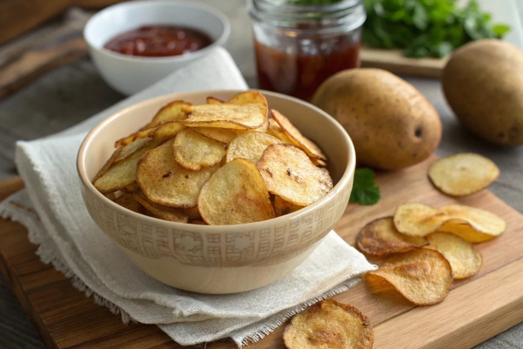 Close-up of golden, crispy Homemade Fried Potato Chips served on a white plate.