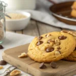 Close-up of freshly baked cookies from Grandma Ricke's Cookie Recipe, stacked on a rustic wooden board with crumbs and a glass of cold milk nearby.