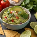 A bowl of fresh 4 ingredient guacamole recipe made with ripe avocados, lime juice, chopped onions, and fresh cilantro, surrounded by tortilla chips and vibrant ingredients.