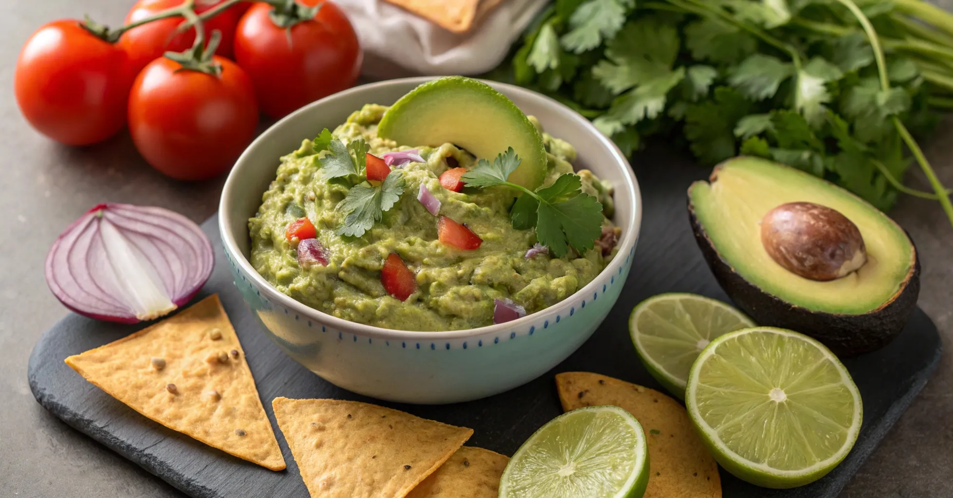 A bowl of fresh 4 ingredient guacamole recipe made with ripe avocados, lime juice, chopped onions, and fresh cilantro, surrounded by tortilla chips and vibrant ingredients.