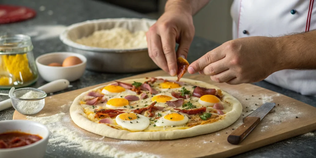 A chef placing bacon slices on a pizza crust topped with eggs to create the best pizza breakfast.