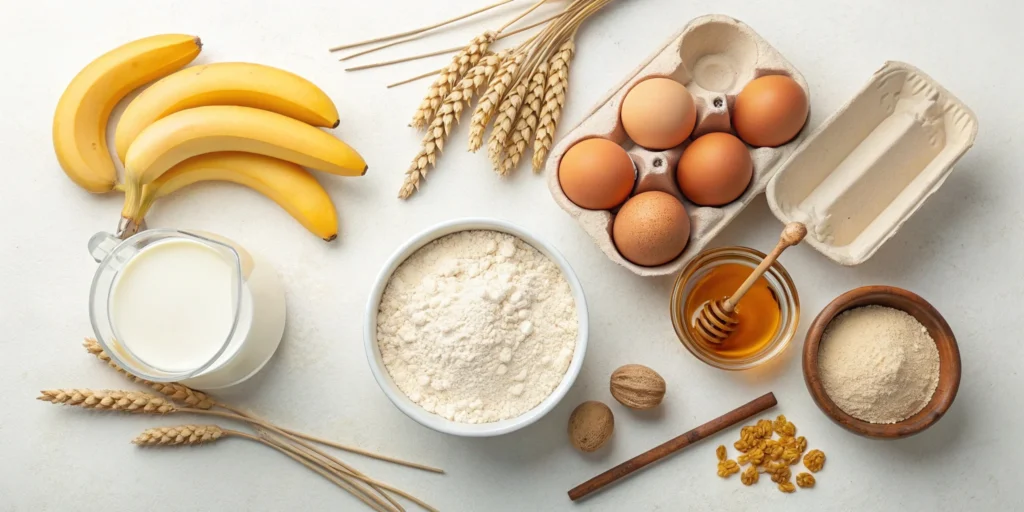 Ingredients for a healthy Banana Waffle Recipe: bananas, flour, eggs, milk, and honey.