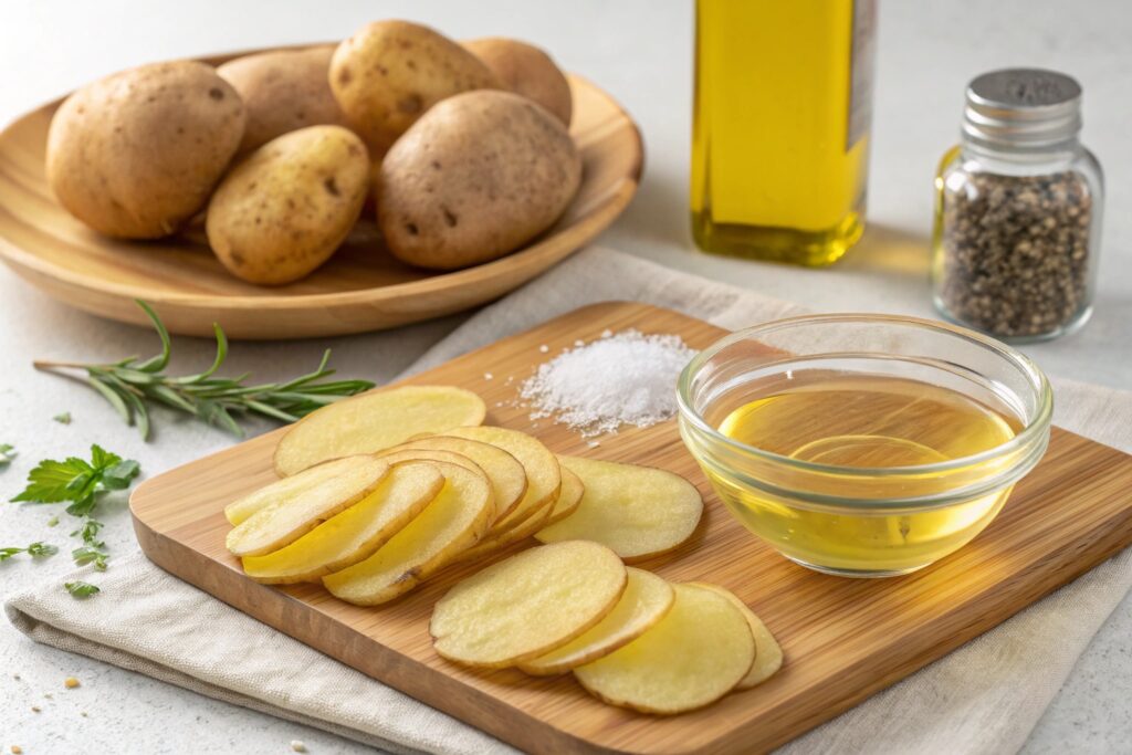 Ingredients for making Homemade Fried Potato Chips, including sliced potatoes, oil, salt, and fresh herbs.