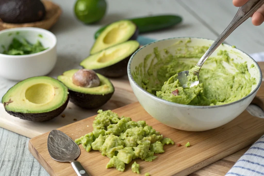 slice and pit the avocados for the 4 Ingredient Guacamole Recipe.