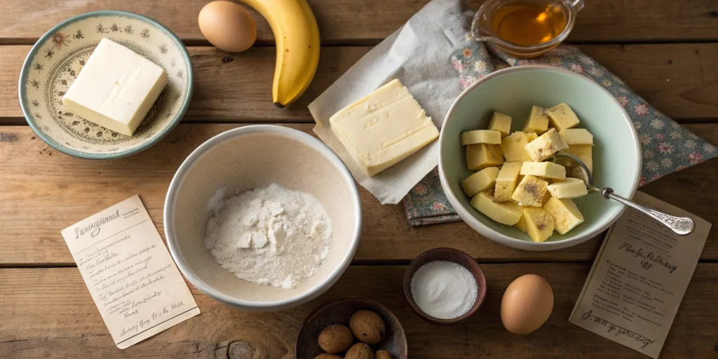 Overhead view comparing waffle and pancake ingredients for a Banana Waffle Recipe, featuring butter, sugar, baking soda, buttermilk, and ripe bananas.