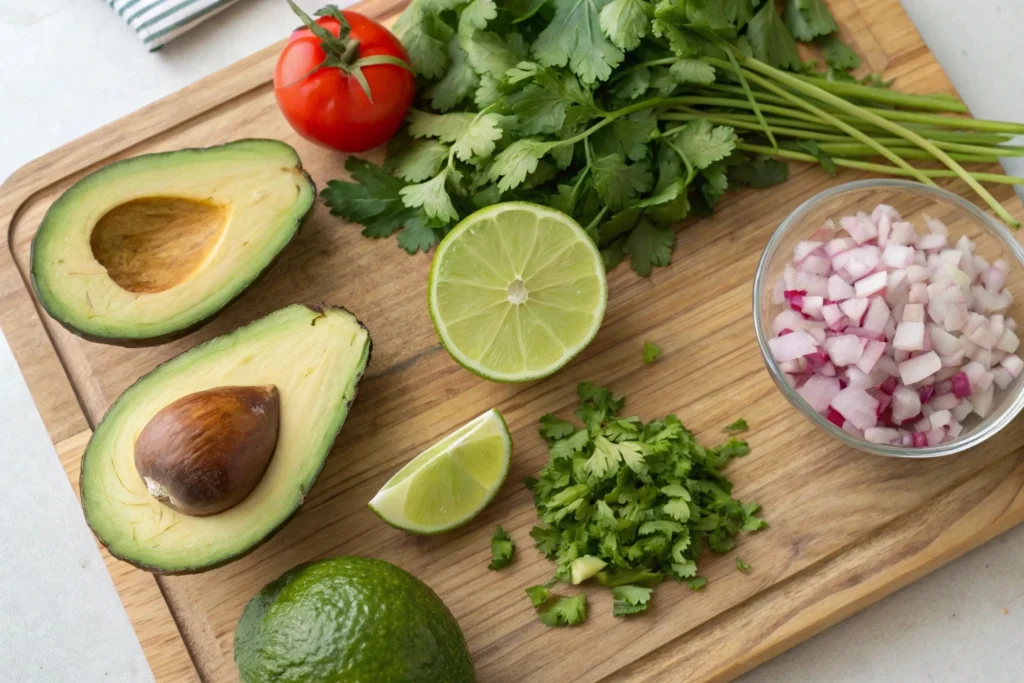 Overhead view of fresh ingredients for the 4 Ingredient Guacamole Recipe.