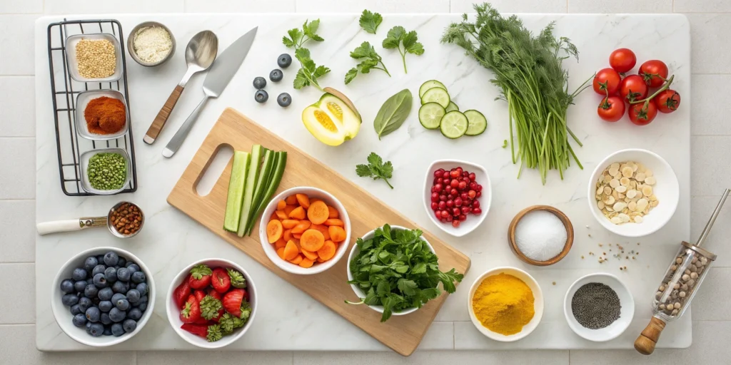 An overhead view of fresh vegetables, fruits, and spices arranged on a cutting board for the best pizza breakfast.