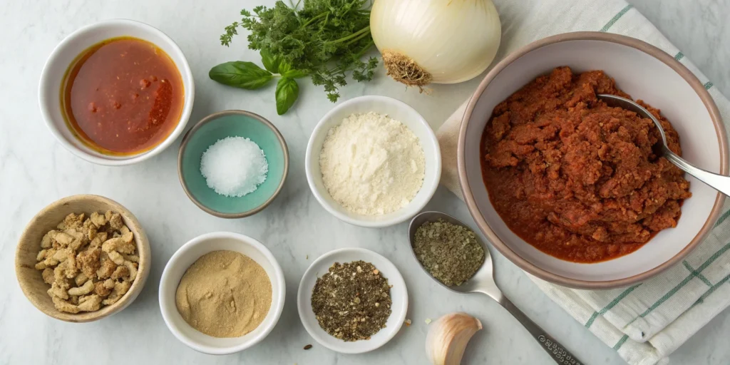 A collection of ingredients for vegan baked ziti, including pasta, tomato sauce, cashew ricotta, vegan mozzarella, garlic, and fresh basil.