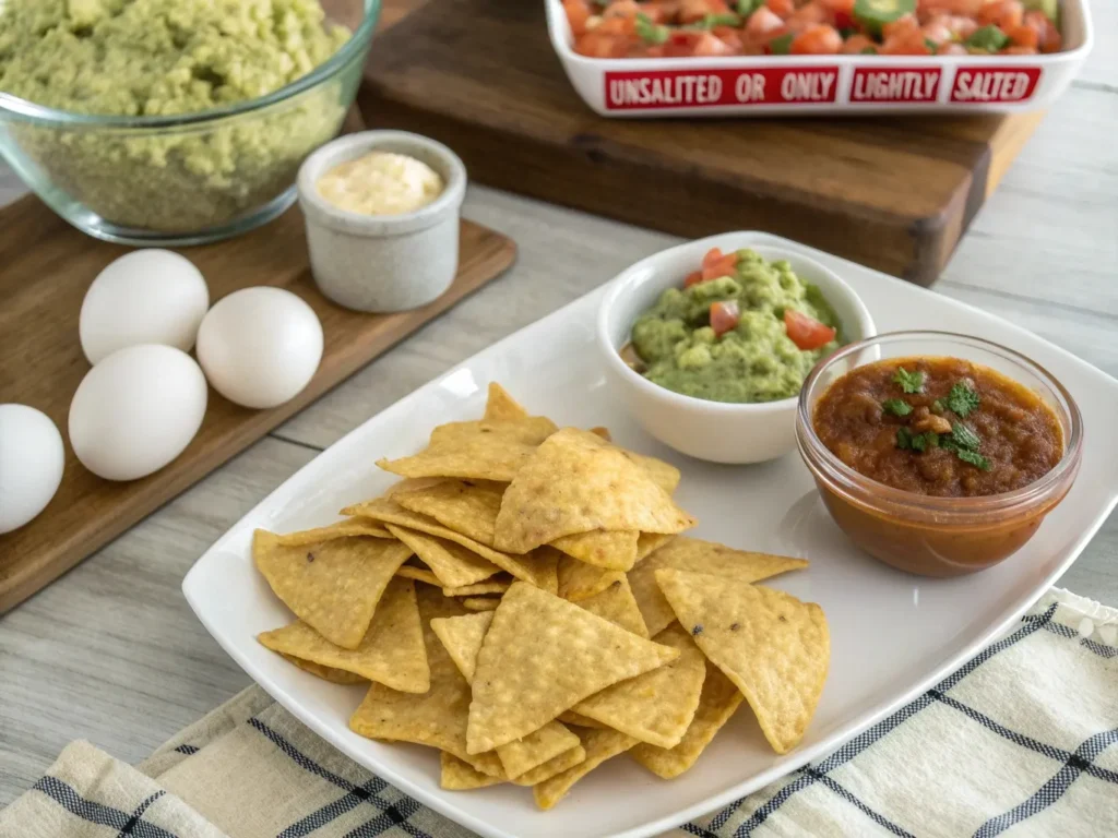 Ingredients for making chilaquiles, including tortilla chips, guacamole, salsa, and fresh eggs.